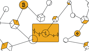 Abstrakte Illustration der Blockchain-Technologie mit verbundenen Blöcken, Kryptowährungssymbolen und einem Diagramm, das digitale Währungstransaktionen, Datenfluss und die dynamische Welt der Perpetual Futures darstellt.