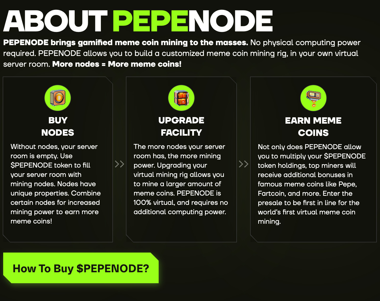 image Informationsgrafik zu PEPENODE: Kaufen Sie Nodes, aktualisieren Sie die Anlage und verdienen Sie Meme-Münzen oder Altcoins in einem virtuellen Mining-Raum - ein innovativer Anwendungsfall, für den keine physische Computerhardware benötigt wird.