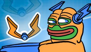 Cartoon-Froschfigur mit Blitzkopfbedeckung sitzt neben einem stilisierten, geflügelten blauen und orangefarbenen Objekt mit der Aufschrift "HYPER" auf einem blauen, gitterförmigen Hintergrund, der von der Bitcoin-Layer-2-Innovation inspiriert ist.
