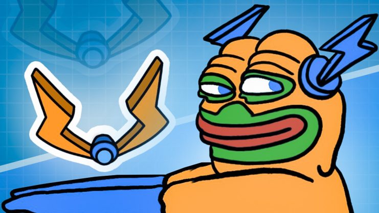 Cartoon-Froschfigur mit Blitzkopfbedeckung sitzt neben einem stilisierten, geflügelten blauen und orangefarbenen Objekt mit der Aufschrift "HYPER" auf einem blauen, gitterförmigen Hintergrund, der von der Bitcoin-Layer-2-Innovation inspiriert ist.