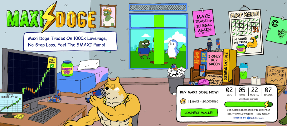 Cartoon eines muskulösen Doge, der an einem Computer mit Kryptowährungen handelt, umgeben von HYPER-Krypto-Memes, Charts und Krypto-Presales-Postern in einem unübersichtlichen Raum, der sich um den Maxi Doge-Handel dreht.