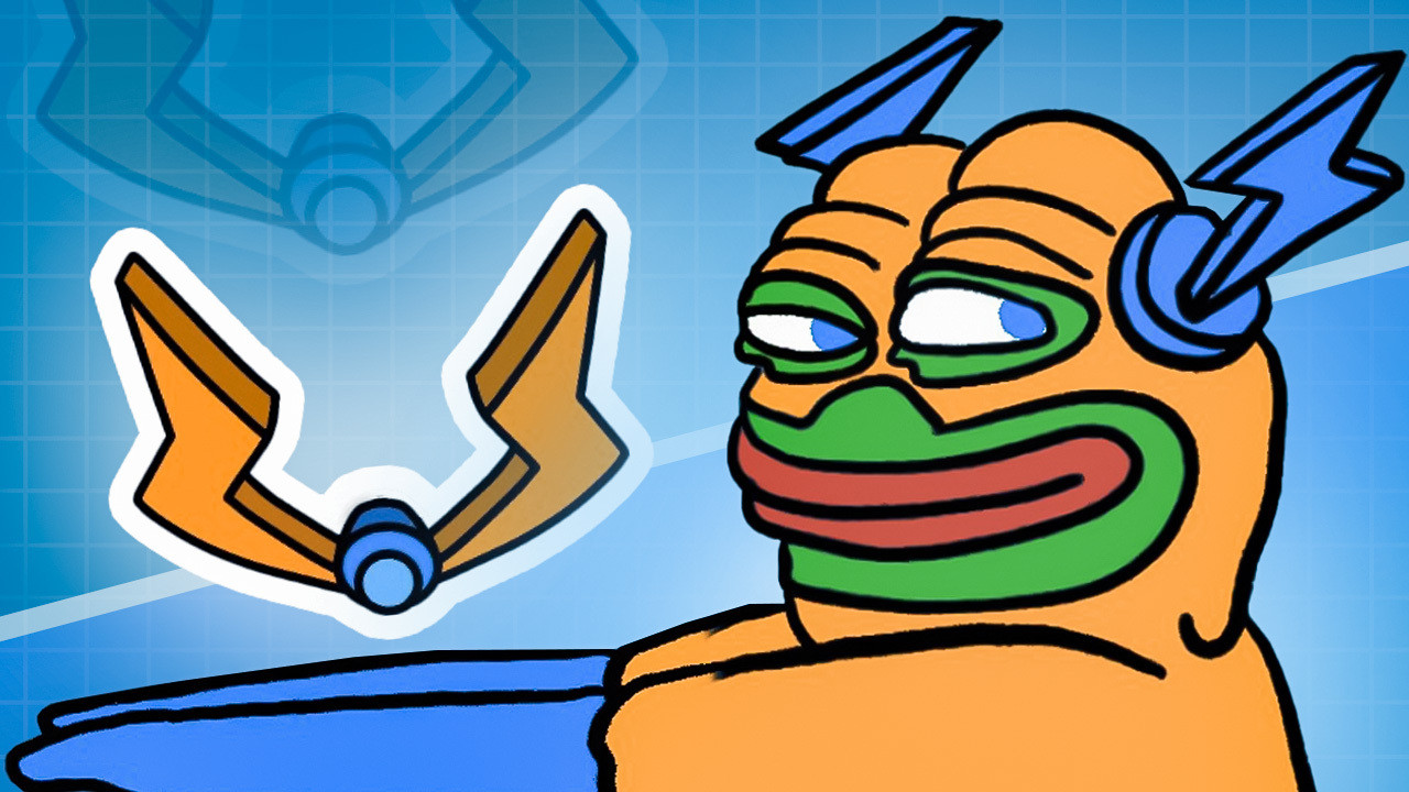 Cartoon-Froschfigur mit Blitzkopfbedeckung sitzt neben einem stilisierten, geflügelten blauen und orangefarbenen Objekt mit der Aufschrift "HYPER" auf einem blauen, gitterförmigen Hintergrund, der von der Bitcoin-Layer-2-Innovation inspiriert ist.