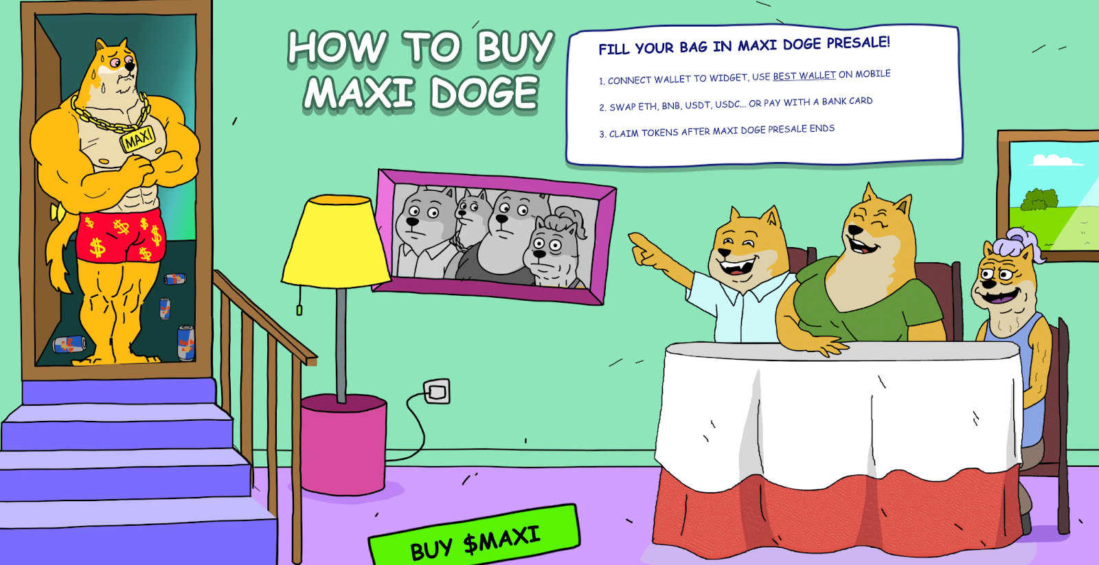 image Cartoon-Hunde in einem Wohnzimmer; einer zeigt auf ein Schild, auf dem erklärt wird, wie man Maxi Doge memecoin kaufen kann, während ein anderer Hund an der Treppe, bekleidet mit einer Kette und Shorts, eine Pose einnimmt, die für Fitness-Junkies geeignet ist.