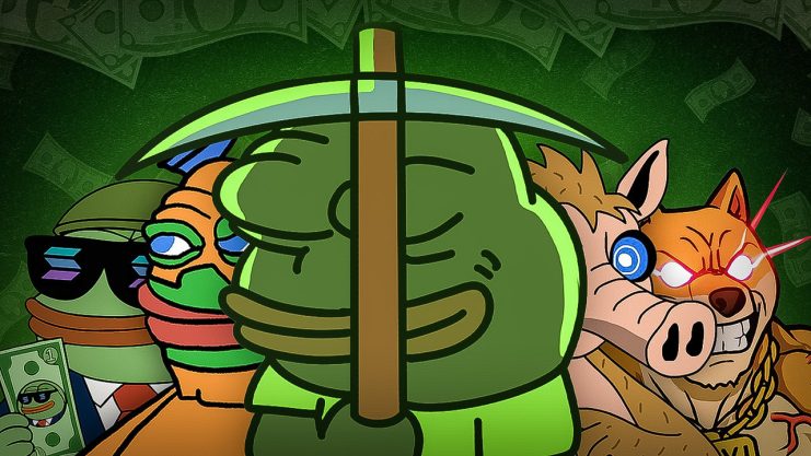 Cartoon-Frösche und ein Hund mit übertriebenen Gesichtszügen, die Sonnenbrillen und Accessoires tragen, stehen vor schwebendem Geld auf grünem Hintergrund - perfekt für Fans, die Krypto kaufen oder neue Projekte im Jahr 2025 entdecken möchten.