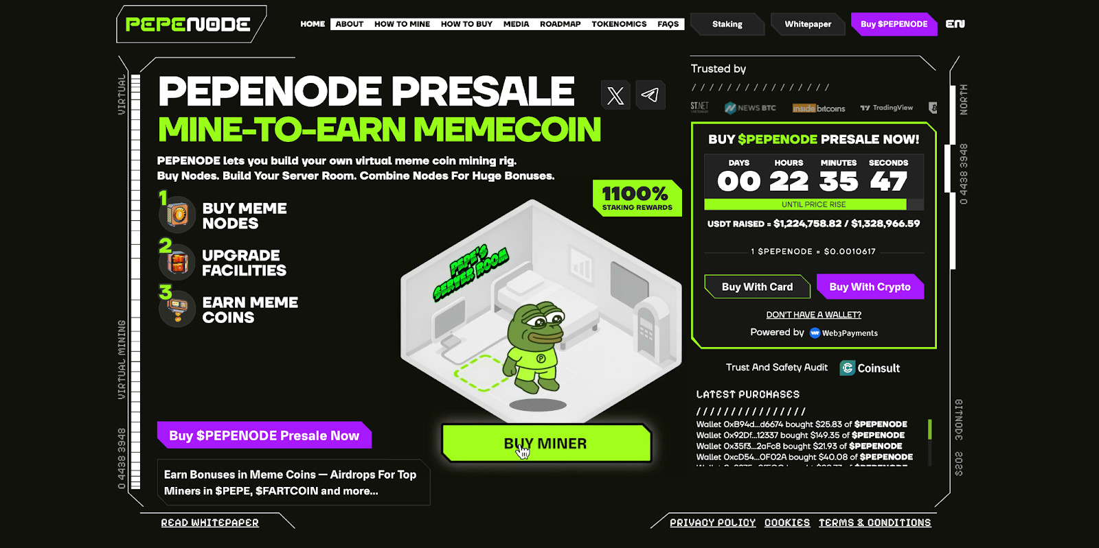 Screenshot einer Pepenode Presale-Webseite, die für einen Mining-to-Earn Memecoin wirbt, mit einem Cartoon-Frosch-Maskottchen, Countdown-Timer und Optionen zum Kauf von Mining Nodes - eine einzigartige Chance für Krypto kaufen in neuen Projekten vor 2025.