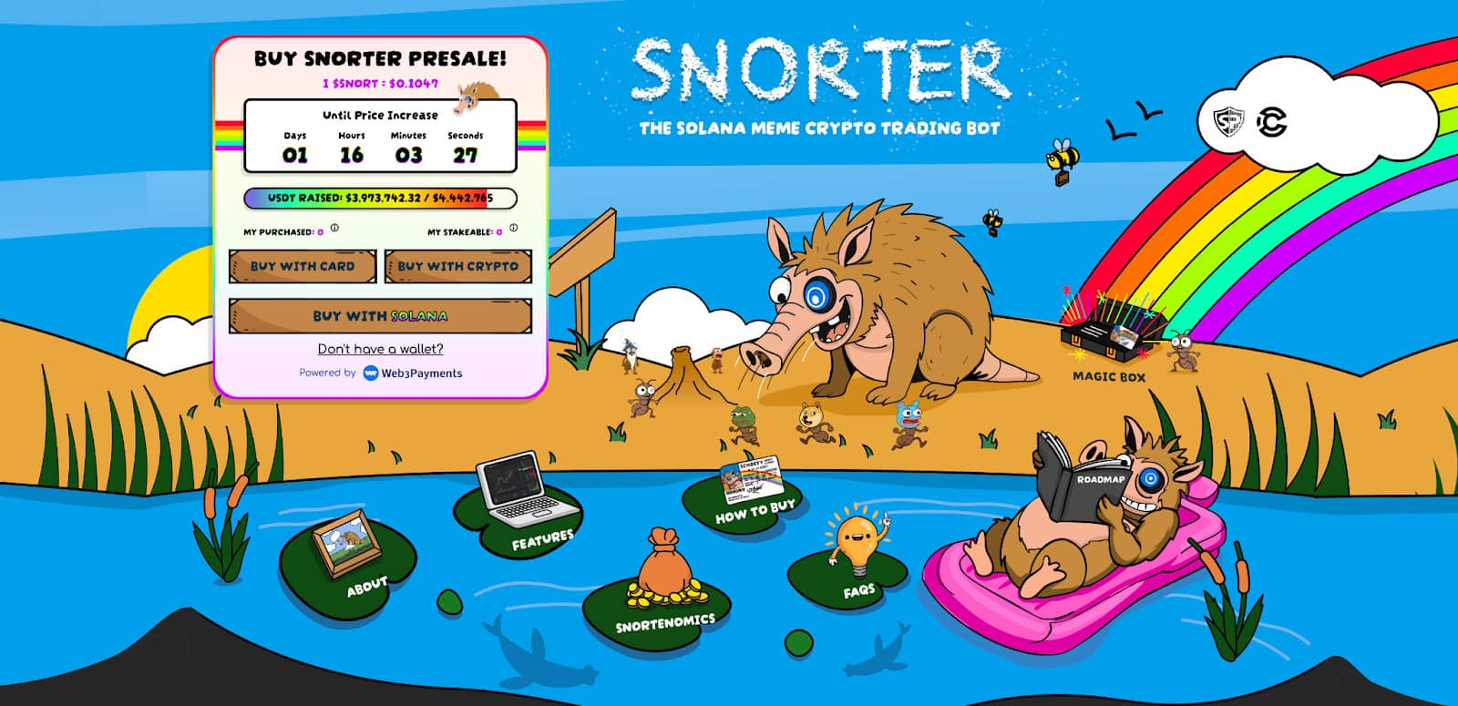 Cartoon-Eber auf einer Insel mit Krypto-Symbolen, einem Regenbogen und einer Vorverkaufs-Infobox für "SNORTER", einem Solana-Meme-Krypto-Handels-Bot - ideal für alle, die Krypto kaufen oder neue Projekte für 2025 entdecken wollen.