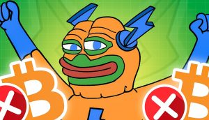 Cartoon-Frosch im Superhelden-Kostüm hebt die Arme, flankiert von Bitcoin-Symbolen mit roten X-Zeichen auf grünem Gitter-Hintergrund, die SOL als Bitcoin-Alternative hervorheben und das Layer-2 HYPER-Branding zeigen.