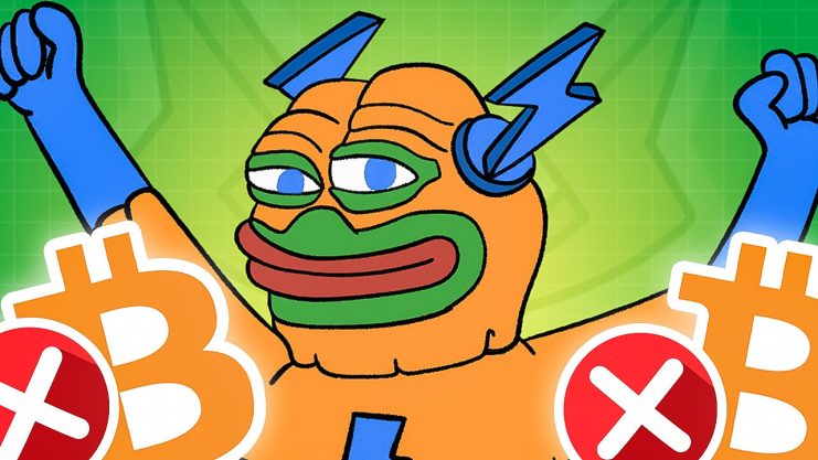 Cartoon-Frosch im Superhelden-Kostüm hebt die Arme, flankiert von Bitcoin-Symbolen mit roten X-Zeichen auf grünem Gitter-Hintergrund, die SOL als Bitcoin-Alternative hervorheben und das Layer-2 HYPER-Branding zeigen.