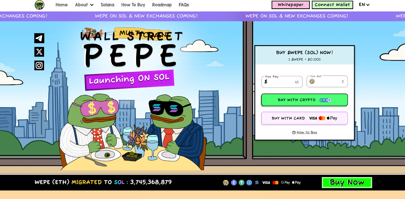 Zwei Cartoon-Frösche in Anzügen sitzen an einem Tisch mit Bargeld, dahinter eine Stadtkulisse. Der Text lautet "Wall Street Pepe Launching on SOL". Rechts befindet sich ein Krypto-Kaufpanel, das auf neue Projekte hinweist und darauf, wie man im Jahr 2025 Krypto kaufen kann.