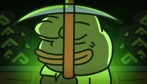 Cartoon-Frosch mit geschlossenen Augen hält eine große Spitzhacke aufrecht vor seinem Gesicht, leuchtendes grünes Licht und geometrische Muster deuten auf einen automatisch gespeicherten Entwurf im Hintergrund hin.