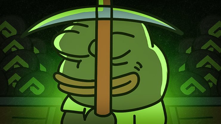 Cartoon-Frosch mit geschlossenen Augen hält eine große Spitzhacke aufrecht vor seinem Gesicht, leuchtendes grünes Licht und geometrische Muster deuten auf einen automatisch gespeicherten Entwurf im Hintergrund hin.