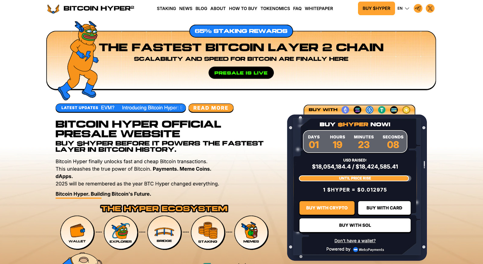 Screenshot der Bitcoin-Hyper-Website mit einem Countdown-Timer für den Vorverkauf, Menüoptionen, Bitcoin-Ökosystem-Symbolen und einer Maskottchen-Illustration auf orangem Hintergrund.