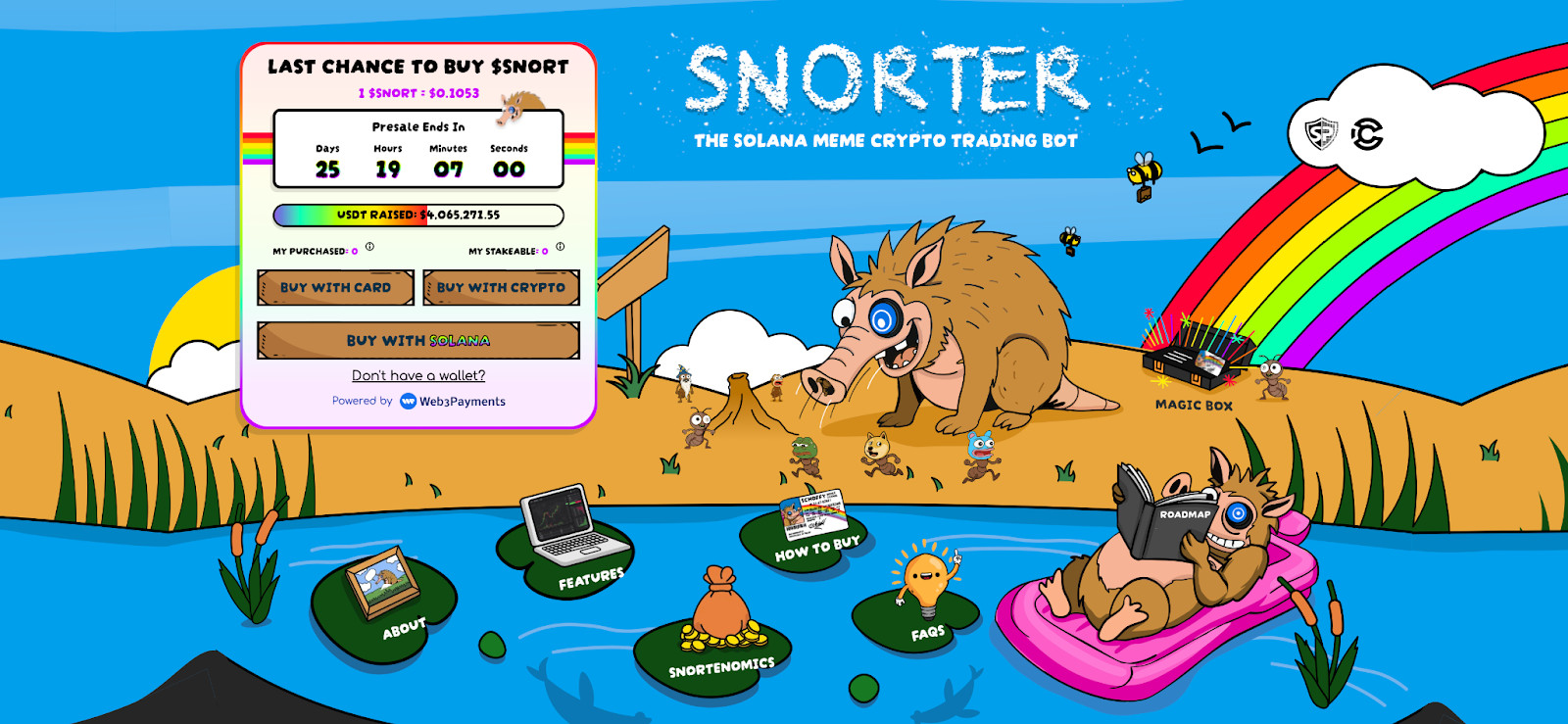 Cartoon-Szene von einem Wildschwein an einem Fluss mit einer Krypto-Trading-App-Schnittstelle, Regenbogen, schwimmende Wildschwein, und animierte Tiere mit Geräten. Text wirbt für $SNORTER Meme Krypto-Handels-Bot und Snorter-Bot auf Telegram für nahtlosen Handel.