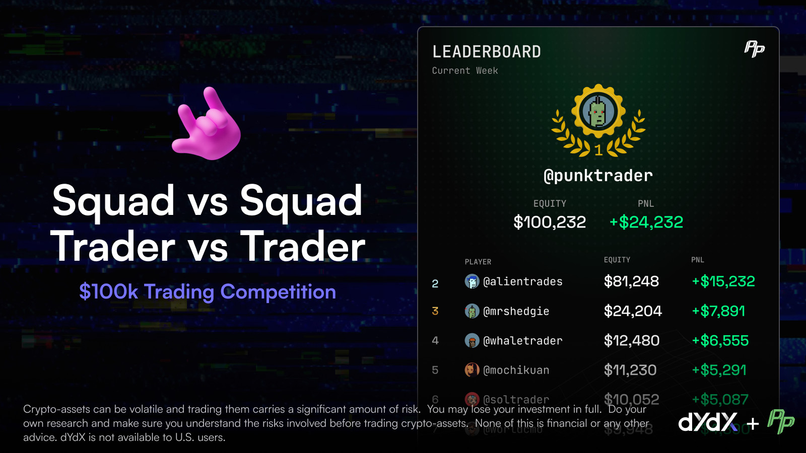 Ein Leaderboard zeigt die Top-Trader und ihre Gewinne im 100.000 US-Dollar Wettbewerb von dYdX und Pulsar, mit einem lila Hand-Emoji und dem Event-Titel auf der linken Seite - perfekt für Telegram Trading-Fans, die Pocket Pro Bot verwenden.