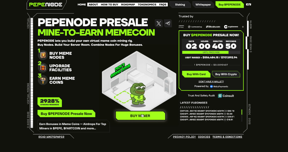 image Screenshot der PEPE NODE-Vorverkaufswebsite mit einem grünen Frosch in einem Raum, einem Countdown-Timer und der Möglichkeit, den Memecoin mit Karte oder Kryptowährung zu kaufen - ein Beispiel für innovative Anwendungsfälle unter den trendigen Altcoins.