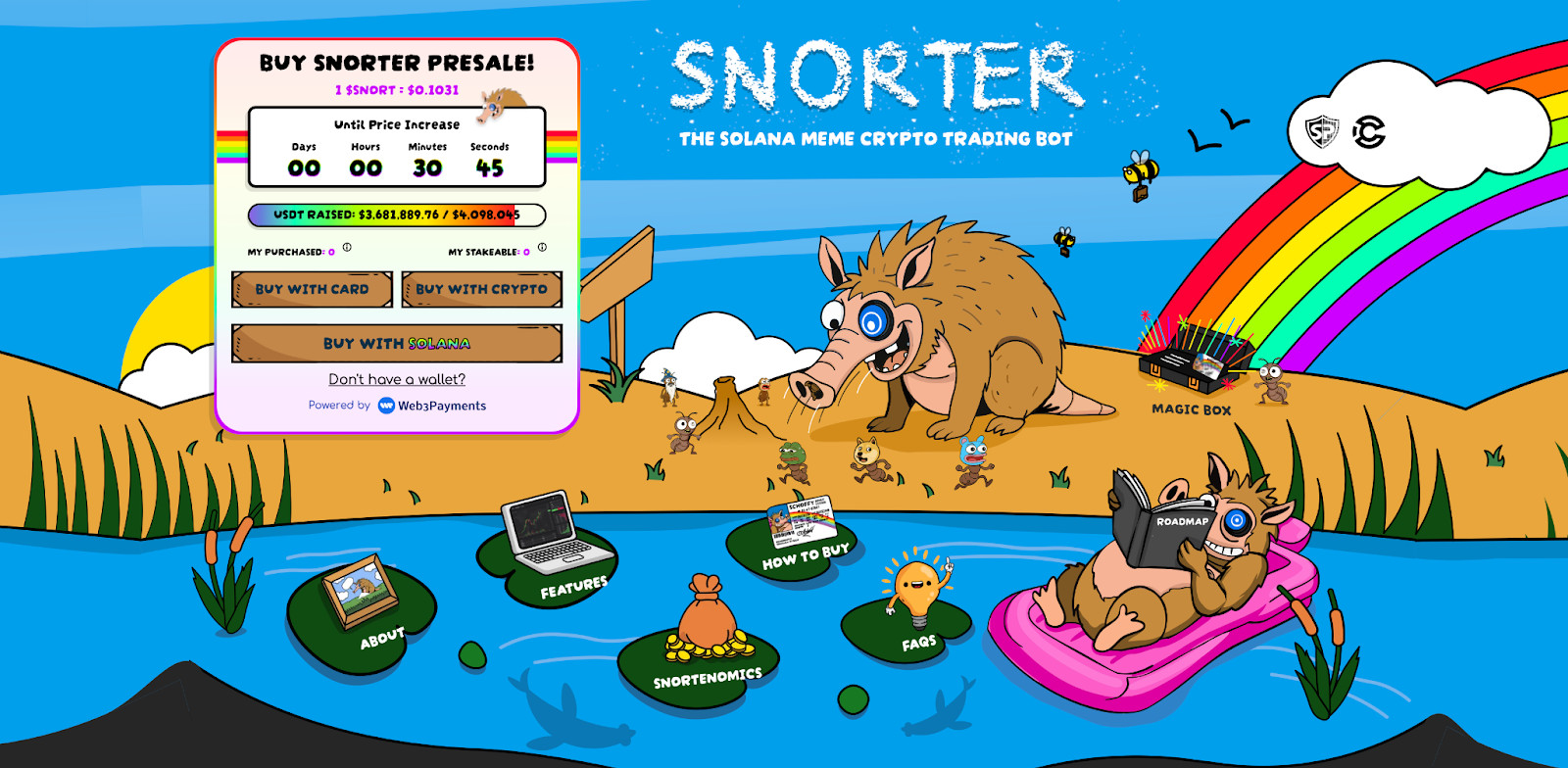 image Cartoon-Szene mit einem Wollmammut, das einen Laptop in einem Pool benutzt, einem anderen an Land und einem Regenbogen über Solana-Krypto-Objekten und -Tasten. Zeigt innovative Anwendungsfälle für Altcoins. Titel "SNORTER" ganz oben.