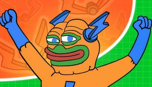 Eine Cartoon-Froschfigur in einem orange-blauen Superhelden-Kostüm hebt beide Arme vor einem bunten Hintergrund mit geometrischen Mustern und feiert die Macht von Bitcoin Hyper.