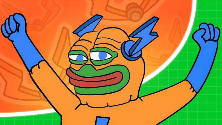 Eine Cartoon-Froschfigur in einem orange-blauen Superhelden-Kostüm hebt beide Arme vor einem bunten Hintergrund mit geometrischen Mustern und feiert die Macht von Bitcoin Hyper.