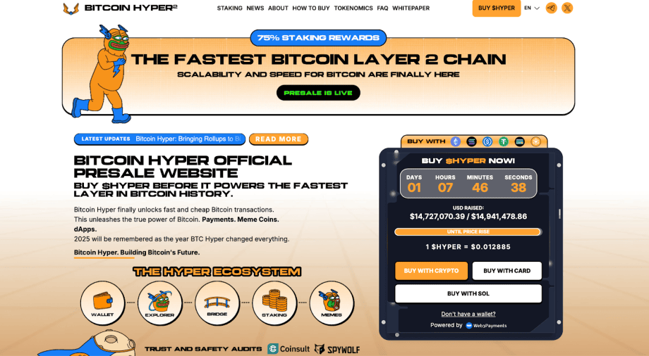Screenshot der Website von Bitcoin Hyper, die für die Layer-2-Kette, den Vorverkauf von 15 Mio. US-Dollar und die Einsatzprämien wirbt. US-Dollar Vorverkauf und Staking-Belohnungen, mit einem Countdown-Timer, Ökosystem-Symbolen und einem orangefarbenen Cartoon-Astronauten-Maskottchen.