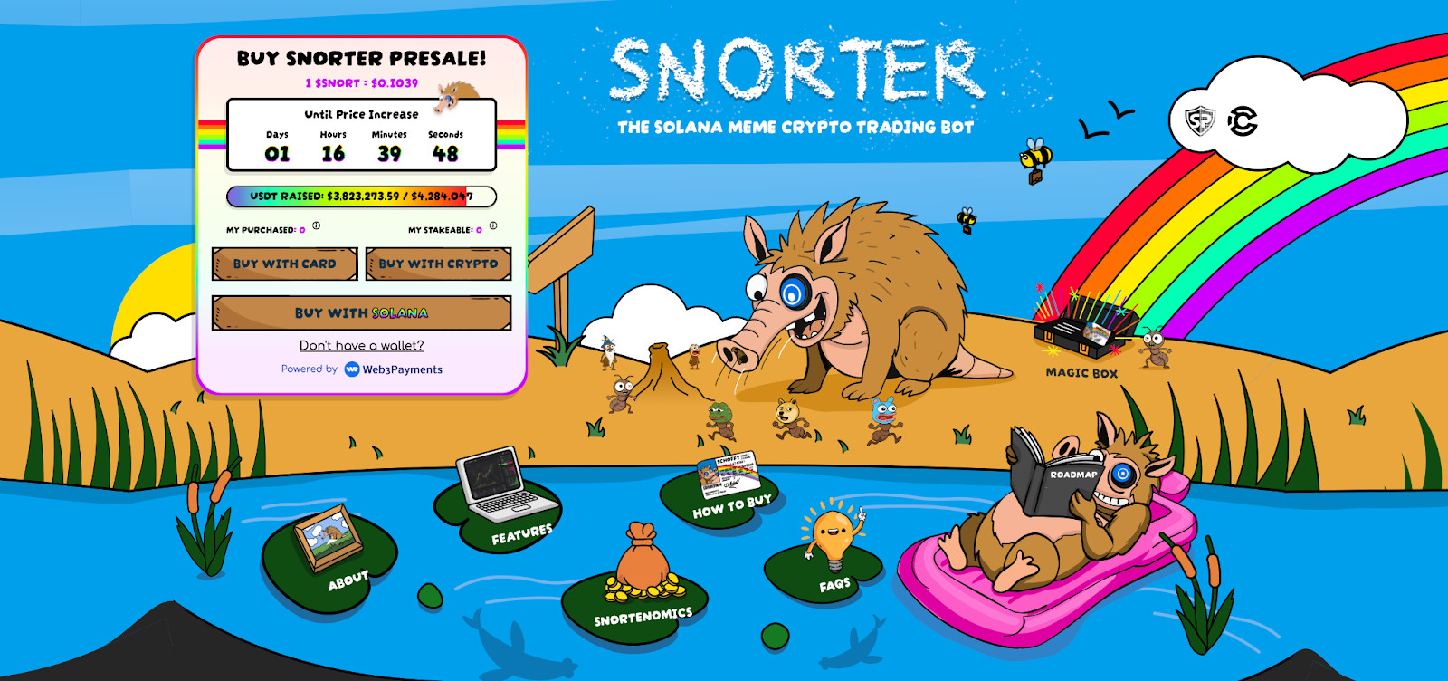 Cartoon-Eber, der mit einem Laptop in einem Teich liegt, umgeben von beschrifteten Gegenständen; links werden ein Krypto-Presales-Timer und Statistiken angezeigt, während im Hintergrund ein Regenbogen, kleinere Tiere und ein verspieltes SNORT-Branding zu sehen sind.
