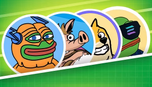 Vier Tier-Avatare im Cartoon-Stil - darunter ein Roboterfrosch, ein Schwein, ein Hund und ein weiterer Frosch mit VR-Brille - sind in kreisförmigen Rahmen auf einem grünen Gitterhintergrund angeordnet und eignen sich perfekt, um Krypto-Fans und Krypto Presales-Communities anzusprechen.