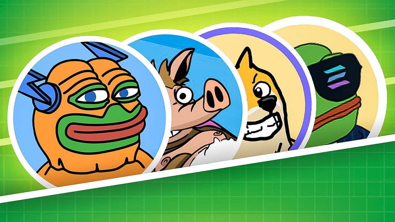 Vier bunte Tier-Avatare im Cartoon-Stil, darunter ein Frosch, ein Schwein, ein Hund und ein Frosch mit VR-Brille, bringen HYPER-Energie auf einen grünen Gitter-Hintergrund - perfekt für Fans von Krypto-Presales-Sammelobjekten.