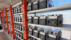 In einem gut beleuchteten Raum sind auf Metallregalen reihenweise Bitcoin-Mining-Rigs mit Kühlgebläsen aufgestellt, an denen Nutzer kostenlos ausprobieren und die Test-Power effizient erleben können.