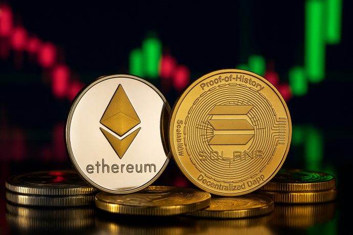 Zwei physische Münzen, die die Kryptowährung Ethereum und Solana repräsentieren, stehen aufrecht auf Münzstapeln, mit einem verschwommenen Finanzdiagramm im Hintergrund.