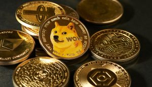 Mehrere goldfarbene Kryptowährungsmünzen sind auf einer Fläche angeordnet, wobei in der Mitte ein Dogecoin mit einem Shiba-Inu-Hund abgebildet ist, umgeben von bekannten Währungen wie Bitcoin.