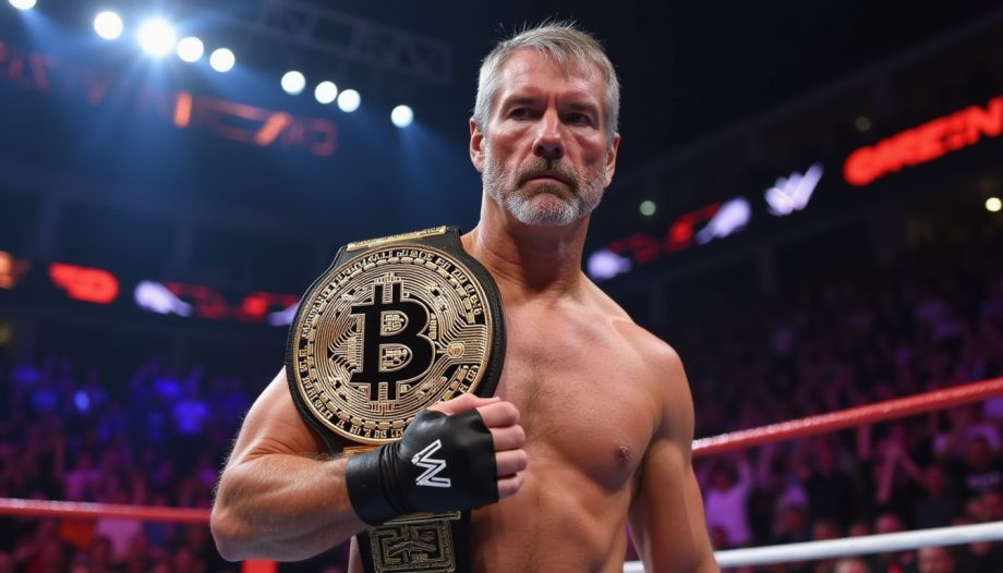 Ein Mann steht in einem Wrestling-Ring und hält einen Meisterschaftsgürtel mit dem Bitcoin aktuell-Symbol in der Hand, im Hintergrund ist eine Arena zu sehen.