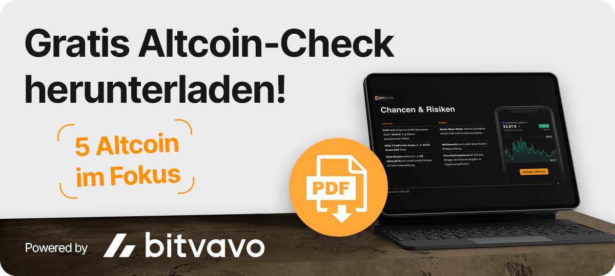 Ein Laptop zeigt neben einem PDF-Symbol einen Bericht über Kryptowährungen an. Ein Text in deutscher Sprache wirbt für einen kostenlosen Download eines Altcoin-Checks, der fünf Altcoins hervorhebt und von Bitvavo betrieben wird.