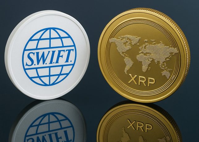 Eine weiße Münze mit dem S.W.I.F.T.-Logo und eine goldene Münze mit dem Ripple XRP-Logo und der Weltkarte stehen nebeneinander auf einer reflektierenden Oberfläche.