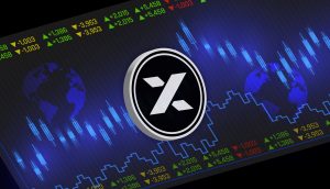 Digitale Grafik mit einem großen stilisierten X-Logo, blauen Weltkarten und Börsencharts mit Zahlen und Candlestick-Mustern im Hintergrund, die auf die 13.000 Prozent MYX-Rallye hinweisen.