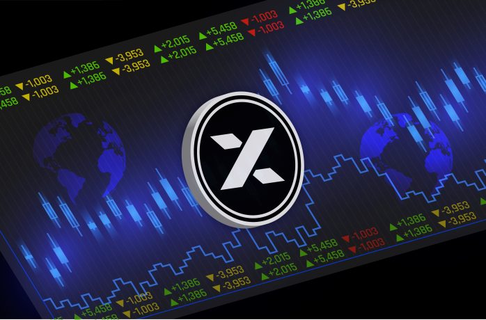 Digitale Grafik mit einem großen stilisierten X-Logo, blauen Weltkarten und Börsencharts mit Zahlen und Candlestick-Mustern im Hintergrund, die auf die 13.000 Prozent MYX-Rallye hinweisen.