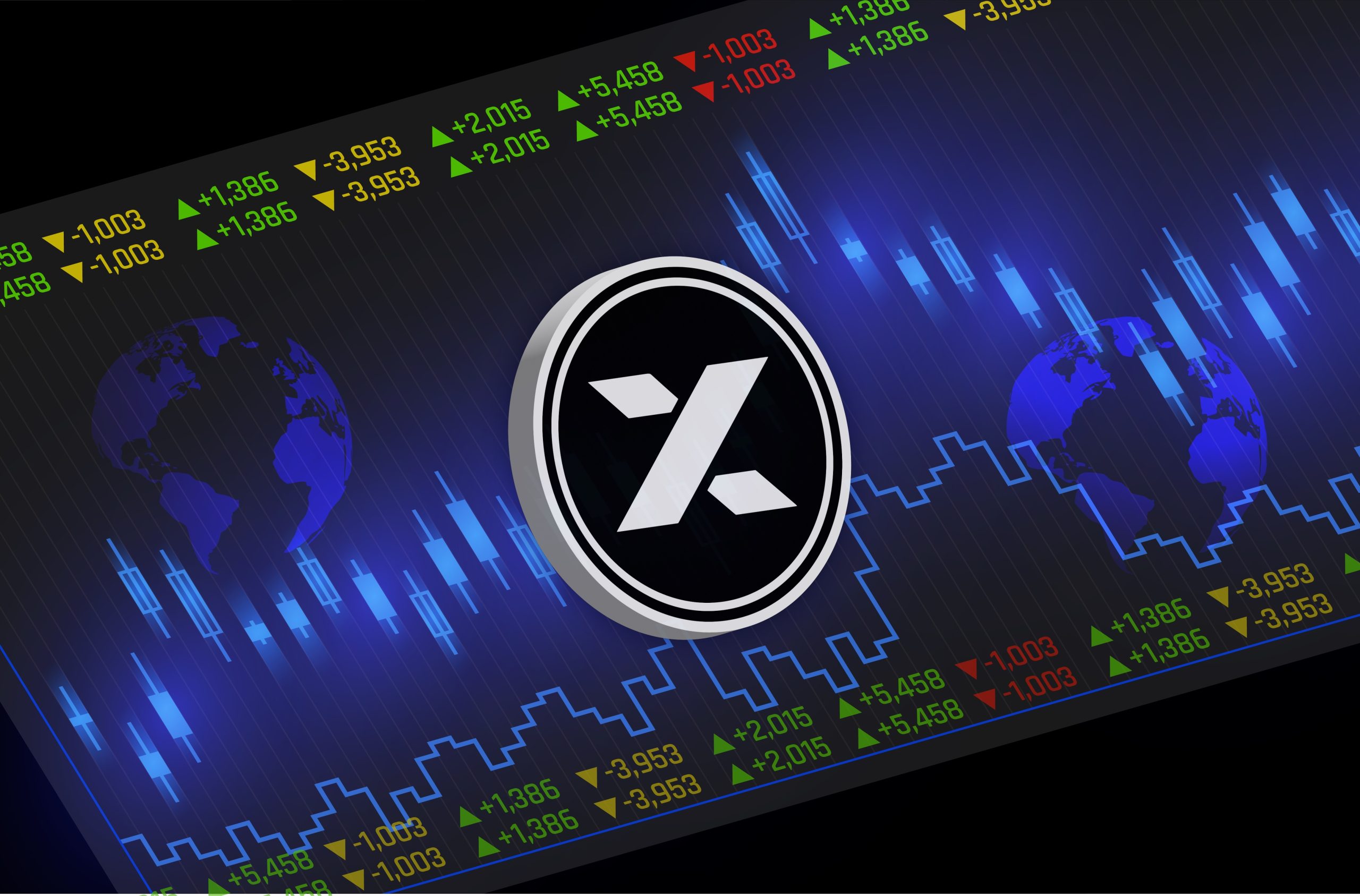 Digitale Grafik mit einem großen stilisierten X-Logo, blauen Weltkarten und Börsencharts mit Zahlen und Candlestick-Mustern im Hintergrund, die auf die 13.000 Prozent MYX-Rallye hinweisen.