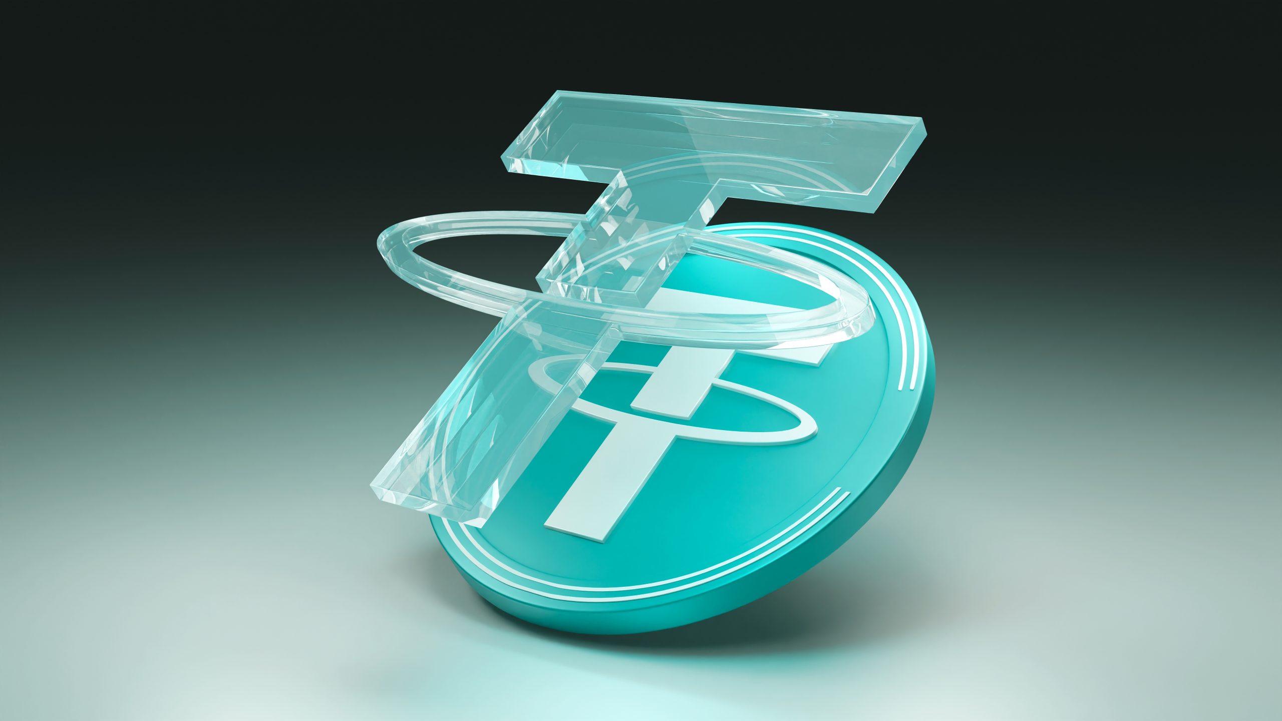 3D-Rendering des Logos der Kryptowährung Tether mit einem stilisierten T mit Ringen, in transparenten und blaugrünen Farben, ergänzt durch subtile Plasmaeffekte für einen modernen Touch.
