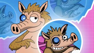 Cartoon-Figur eines Erdferkels mit mechanischem Auge, dargestellt in zwei verschiedenen Posen vor einem Hintergrund mit blauem und rosa Farbverlauf und kreisförmigen grafischen Elementen, inspiriert von Snorter-Bot - Ihrem Favoriten für intelligente Handelsupdates auf Telegram.