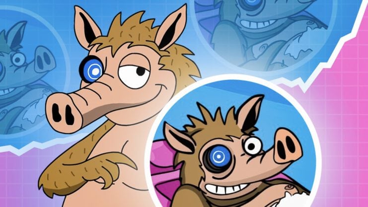 Cartoon-Figur eines Erdferkels mit mechanischem Auge, dargestellt in zwei verschiedenen Posen vor einem Hintergrund mit blauem und rosa Farbverlauf und kreisförmigen grafischen Elementen, inspiriert von Snorter-Bot - Ihrem Favoriten für intelligente Handelsupdates auf Telegram.