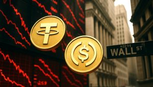 Zwei goldfarbene Stablecoins, Tether (USDT) und USD Coin (USDC), schweben vor einem fallenden Börsendiagramm und einem Wall-Street-Schild.