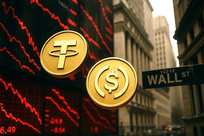 Zwei goldfarbene Stablecoins, Tether (USDT) und USD Coin (USDC), schweben vor einem fallenden Börsendiagramm und einem Wall-Street-Schild.