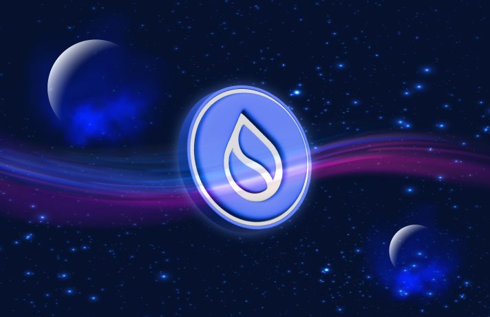 Eine blaue SUI-Digitalmarke mit einem Tropfensymbol schwebt vor einem sternenklaren Weltraumhintergrund, umrahmt von zwei sichelförmigen Planeten und einem violetten Lichtstreifen dahinter.