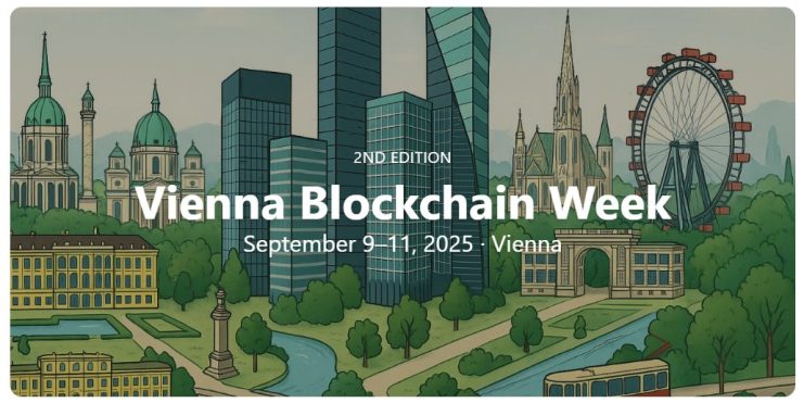 Illustriertes Stadtbild von Wien mit Wahrzeichen und einem Riesenrad, überlagert mit einem Text, der die Vienna Blockchain Week ankündigt - wo Web3 und DeFi-Innovationen aufeinandertreffen - vom 9. bis 11. September 2025.