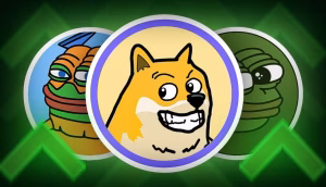 Eine digitale Illustration zeigt Doge in der Mitte, flankiert von zwei Variationen von Pepe dem Frosch, mit grünen Aufwärtspfeilen im Hintergrund - perfekt für Krypto-Fans, die auf ein Krypto-Markt-Update oder die letzten neuen Coins gespannt sind.