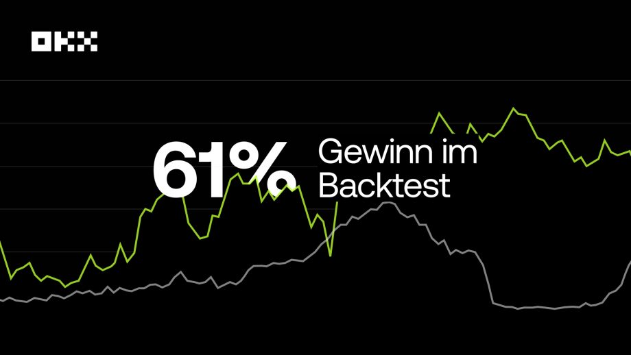 Article img 1 – OKX CTRL + Bot + Win Campaign (1280×720)-2 Ein Liniendiagramm mit grünen und grauen Linien, dem OKX-Logo oben links und dem fetten weißen Text "61% Gewinn im Backtest" in der Mitte - perfekt für alle, die mit Trading-Bots automatisiert handeln möchten.