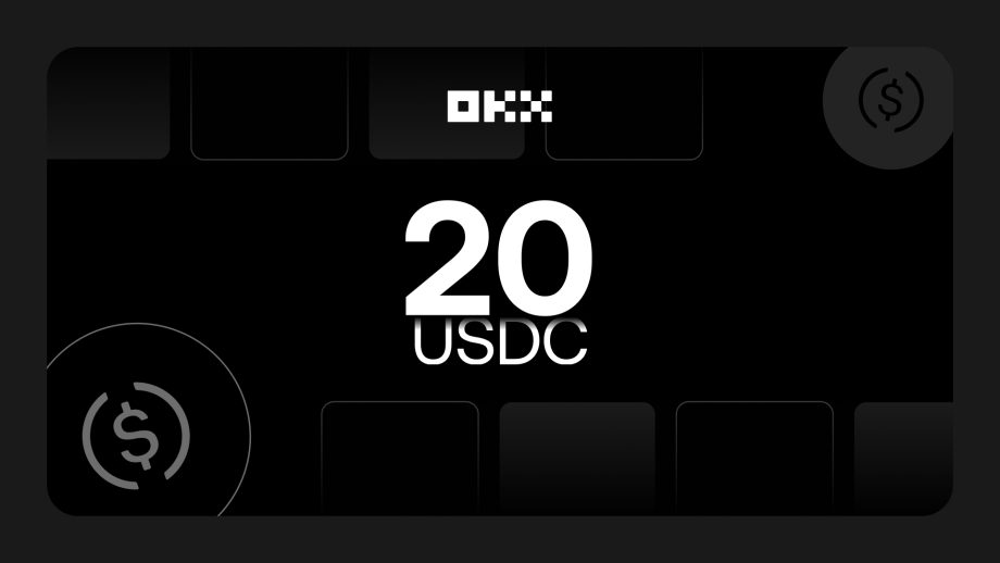 Article img 2 – OKX CTRL + Bot + Win Campaign (1280×720)-2 Eine schwarze digitale Karte mit dem OKX-Logo und dem Text 20 USDC mit USDC-Währungssymbolen in den Ecken, perfekt für diejenigen, die automatisiert traden oder Trading-Bots auf OKX nutzen.