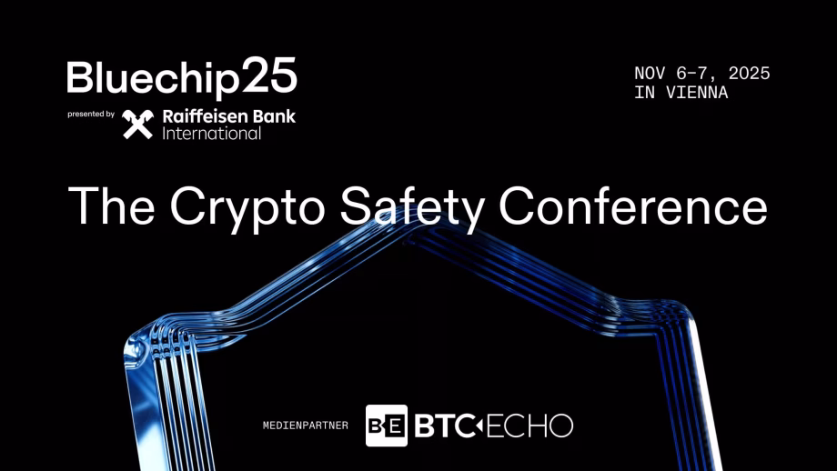 Veranstaltungsplakat für die Krypto-Sicherheitskonferenz von Bluechip25 und Raiffeisen Bank mit dem Schwerpunkt Krypto-Sicherheit, die am 6. und 7. November 2025 in Wien stattfindet, mit BTC-ECHO als Medienpartner.