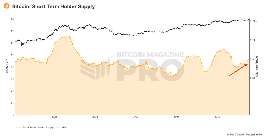 BM Pro – STH Supply Liniendiagramm, das das kurzfristige Angebot an Bitcoin-Inhabern (orange) und den Bitcoin-Preis (schwarz) von 2020 bis 2025 zeigt. Es hebt einen Aufwärtstrend im Jahr 2025 hervor - ein wichtiger Aspekt für diejenigen, die in Bitcoin investieren möchten.