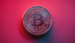 Eine metallische Bitcoin-Münze ruht auf einem Hintergrund mit rosa und violettem Farbverlauf, der das ikonische Bitcoin-Symbol und verschlungene kreislaufartige Muster zeigt.