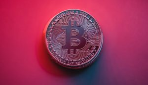 Eine metallische Bitcoin-Münze ruht auf einem Hintergrund mit rosa und violettem Farbverlauf, der das ikonische Bitcoin-Symbol und verschlungene kreislaufartige Muster zeigt.