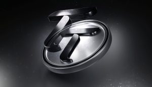 Ein metallisches 3D-Logo mit einem abstrakten Design mit sich überschneidenden gebogenen und geraden Elementen, inspiriert von Bittensor TAO, vor einem dunklen Hintergrund mit gestreuten Lichtpartikeln.